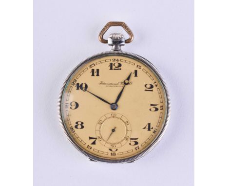 Taschenuhr IWC 1920er JahreSilber 800/000, offene Uhr mit kleiner Sekunde, Ziffernblatt mit Arabischen Ziffern und Eisenbahnm