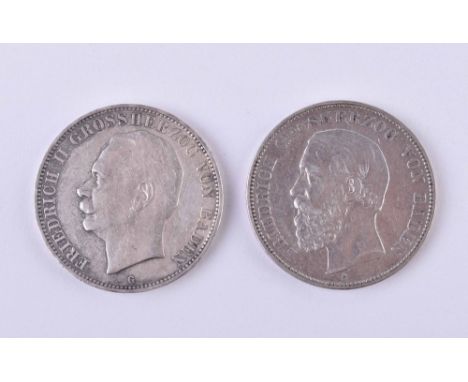 Deutsches Reich Baden 5 Mark2 Stück, 1875 und 1913 G, Erhaltung sehr schön, Jäger: 27 und 40,