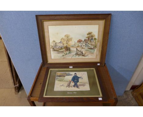 A Lawson Wood print, Small Fry and a watercolour, cottage scene