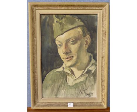 A portrait of an American soldier, watercolour, indistinctly signed, dated 1951, framed