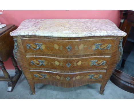 A French Louis XV style marquetry inlaid kingwood and marble topped bombe commode