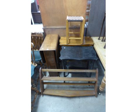 Three occasional tables, stool and wall shelf