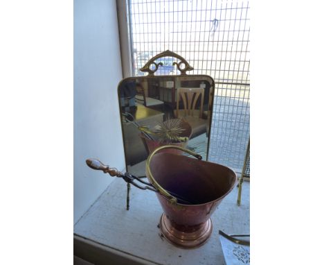 A Victorian brass mirrored fire screen, coal bucket and fire tongs