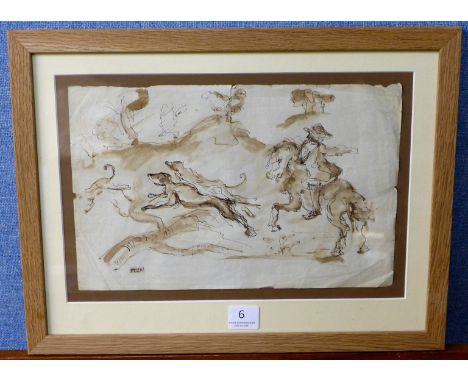 An old master style drawing, figure on horseback with hounds, pen, ink and wash on paper, bearing date 1793, framed