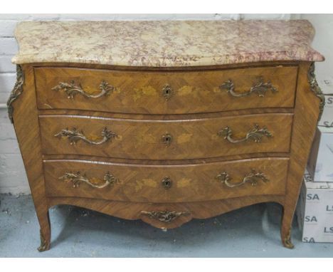 SERPENTINE COMMODE, 20th century Louis XV style tulipwood, marquetry and gilt metal mounted with marble top above three drawe