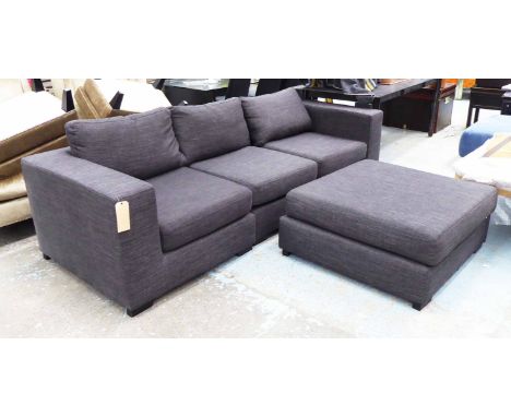 SOFA, in three sections, grey upholstered, 96cm D x 257cm W x 68cm H, with footstool. (2)