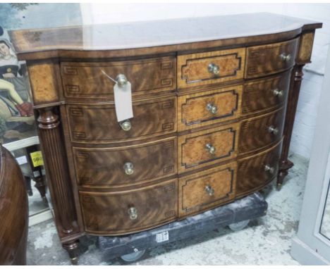 THEODORE ALEXANDER COMMODE, bowfronted mahogany, burr yew and satinwood inlaid gilt metal mounted with three short and three 