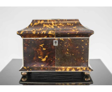 TORTOISE SHELL IVORY SILVER TEA CADDY, circa 1830. (with faults)