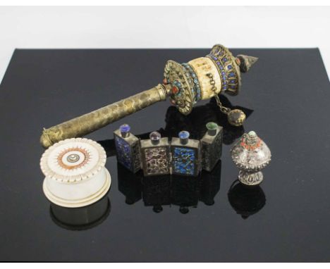 VARIOUS 19TH CENTURY ASIAN ITEMS, including a prayer wheel, a snuff bottle, an ivory box, a Chinese concertina and a silver a