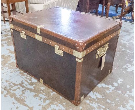 TRAVELLING TRUNK, vintage Ralph Lauren style, tan hide, brass studded and bound, with rising lid and carrying handles, 81cm x