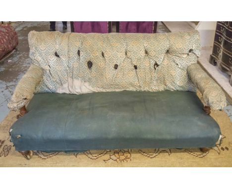 HOWARD AND SONS FABRIC UPHOLSTERED SOFA, Victorian walnut, bears serial no. stamp, 140cm W. (with faults)