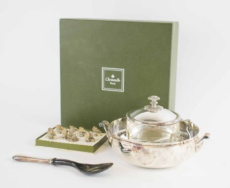 CHRISTOFLE PARIS A SILVER PLATED CAVIAR BOWL, and horn spoon in box and menu holders with box and a Christian Dior dish. (Qty