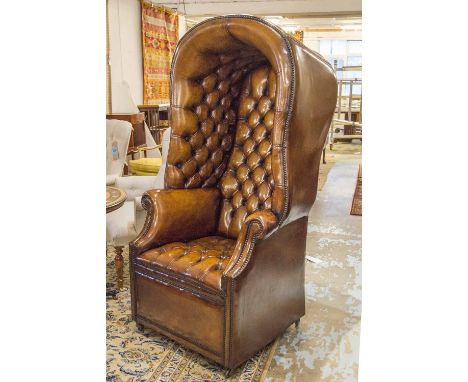 PORTERS CHAIR, traditional Georgian design, deep button upholstered in hand finished, leaf brown leather hide and brass studd