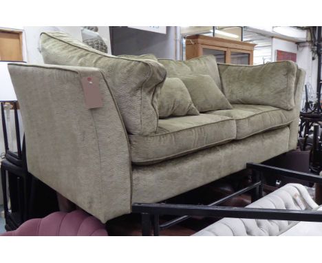 COLLINS &amp; HAYES SOFA, two seater, in greenish ribbed silk fabric with cushions on block supports, 199cm L.