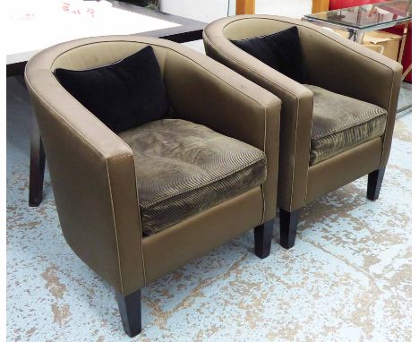 CLUB CHAIRS, a pair, in light brown on square supports with cushions, 69cm W. (2)