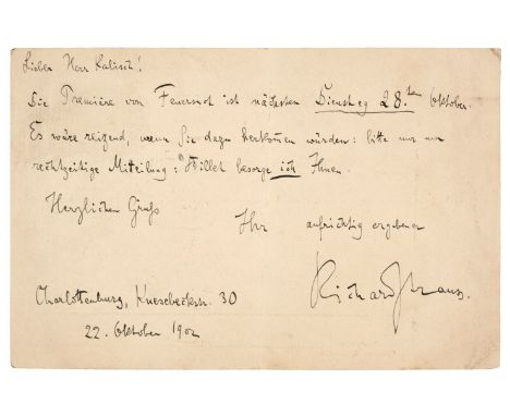 * Strauss (Richard, 1864-1949). German composer. Autograph Postcard Signed, ‘Richard Strauss’, Charlottenburg, Knesebeckstras