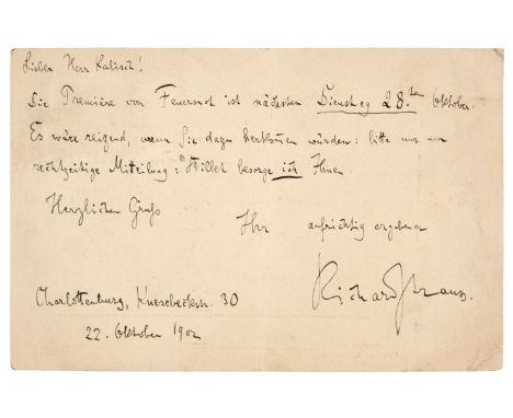 * Strauss (Richard, 1864-1949). German composer. Autograph Postcard Signed, ‘Richard Strauss’, Charlottenburg, Knesebeckstras