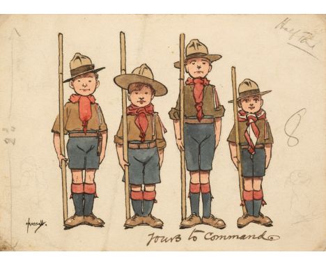 * Hassall (John, 1868-1948). 'Yours to Command', c. 1910, pen and ink and watercolour drawing of four young boy scouts standi