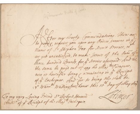 * Lord High Treasurers. A group of 4 documents with autographs of Lord High Treasurers of England and Great Britain, 1679-172
