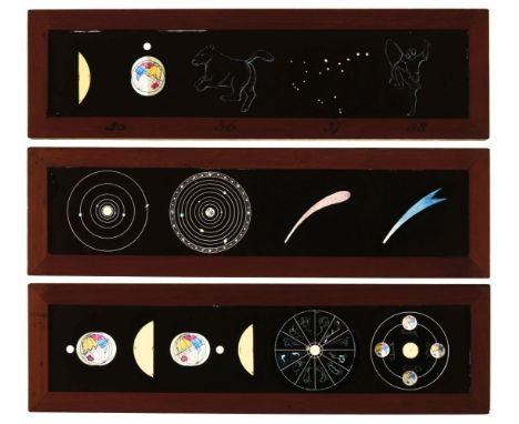* Astronomical Slides. A set of 12 hand-painted panoramic lantern slides and 1 lever slide of astronomy, c. 1900, including 2