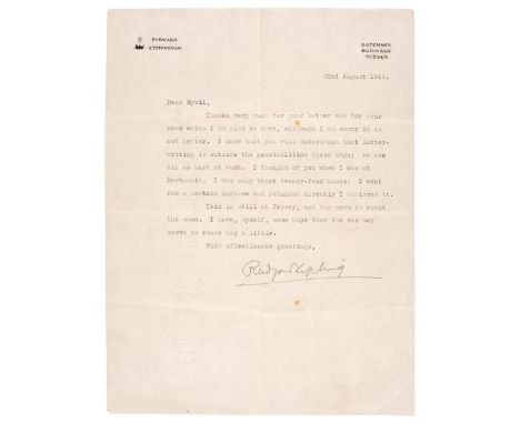 * Kipling (Joseph Rudyard, 1865-1936). English writer. Typed Letter Signed, 'Rudyard Kipling', Bateman's, Burwash, Sussex, 22