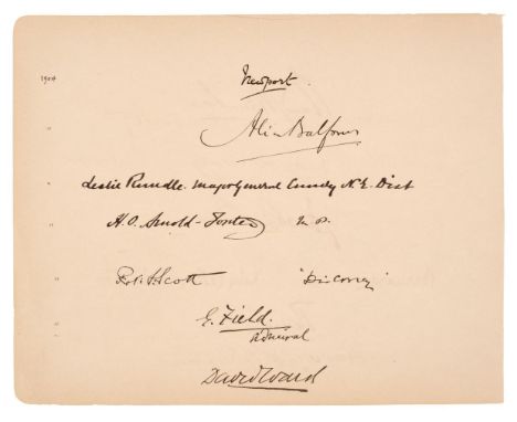 * Scott (Robert Falcon, 1868-1912). Antarctic explorer. Autograph Signature, ‘Robt. F Scott’ / ‘Discovery’’, [1904], inscribe