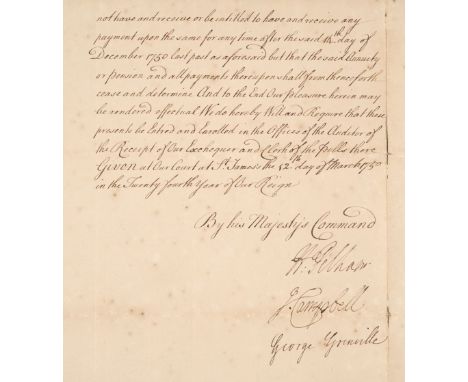 * George II (1683-1760). King of Great Britain and Ireland, 1727-1760. Document Signed, ‘George R’, St James’s, 12 March 1750