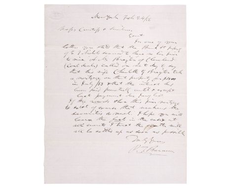 * Barnum (Phineas Taylor, 1810-1891). American showman, businessman, politician and circus owner. Autograph Letter Signed, 'P