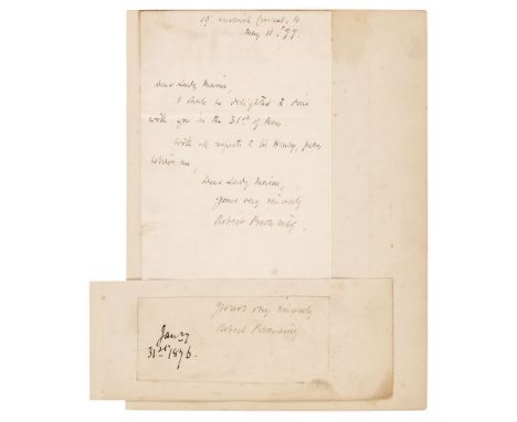 * Browning (Robert, 1812-1889). English poet and playwright. Autograph Letter Signed, 'Robert Browning', 19 Warwick Crescent,