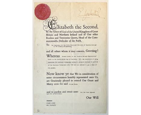 * Elizabeth II (1926-20220).Queen of Great Britain, 1952-2022. Document Signed, 1965, a pre-printed pardon, completed in manu