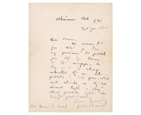 * Barrie (James Matthew, 1860-1937). Playwright and novelist. Autograph Letter Signed, ‘J. M. Barrie’, Athenaeum Club, [Londo