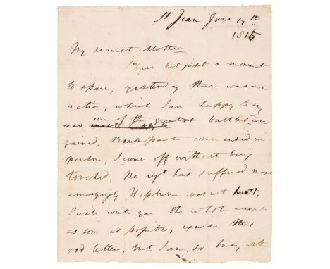 * Waterloo. Autograph Letter Signed, ‘Berkeley Drummond, 3rd Regt. of Foot Guards’, St. Jean, [Waterloo], 19 June 1815, writt