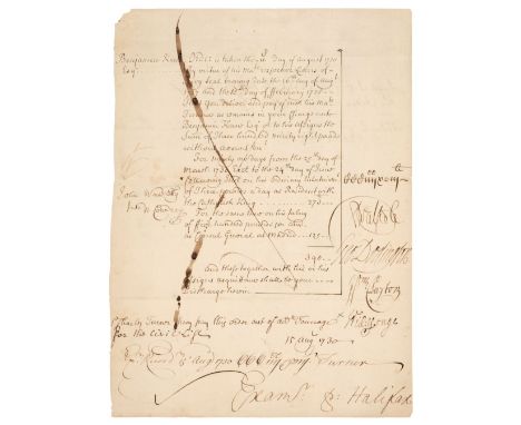 * Walpole (Robert, 1676-1745). 1st Earl of Orford, first British Prime Minister, 1721-42. Document Signed, ‘R Walpole’, as Pr