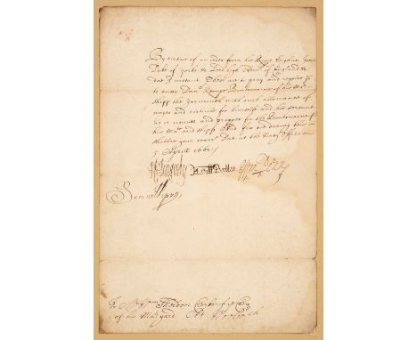 * Pepys (Samuel, 1633-1703). English diarist and naval administrator. Document Signed, ‘Samuell Pepys’, Navy Office, 5 April 