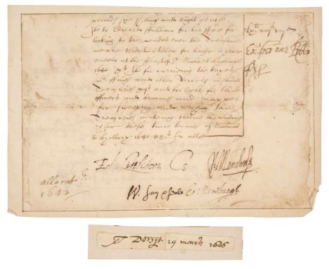 * Fiennes (William, 1582-1662). 1st Viscount Saye &amp; Sele. Document Signed, ‘W. Say &amp; Seale’, 1642, lower part of a ma
