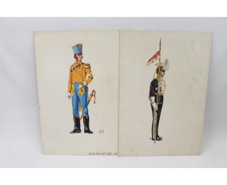 Two military paintings of Victorian soldiers, one signed A. Handley, possibly illustrations for a book plus a Queen Victoria 