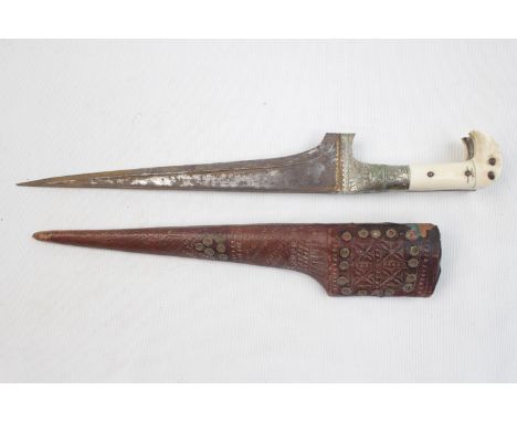 An antique 19th century Indo-Persian / Afghan Choora knife or Pesh-kabz dagger. Shaped bone grips, with white metal mount eng