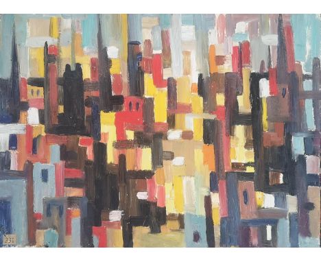 Angela Stones (1914-1995) 'Manhattan' Abstract Oil on Board. 38 x 51cm. Studied under her mother Dorothy Bradshaw (1893-1983)