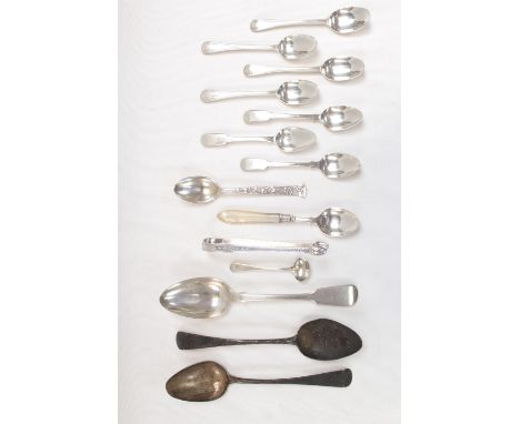 Collection of Georgian and later Silver Flatware inc. Spoons, Sugar tongs etc 370g total weight 