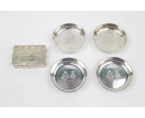 Set of 4 Garrard &amp; Co Sherwood Foresters Circular pin dishes, London 1956, 178g total weight and a Silver plated snuff bo