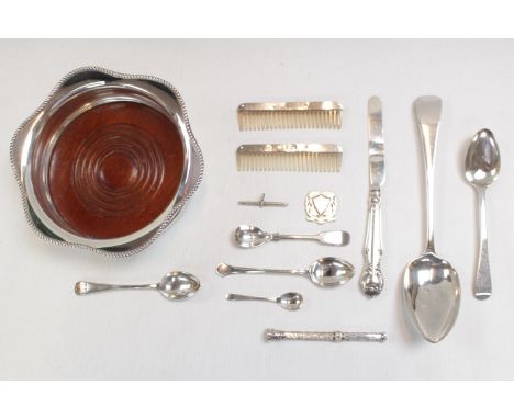 Collection of assorted 19thC and later Silver flatware inc. Spoons, Comb Set and a Silver plated Wine Coaster 