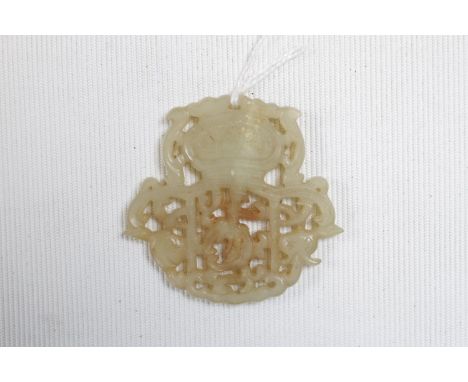 Late 19thC Chinese Mutton Fat Jade Pendant depicting a Urn with foliate detail 