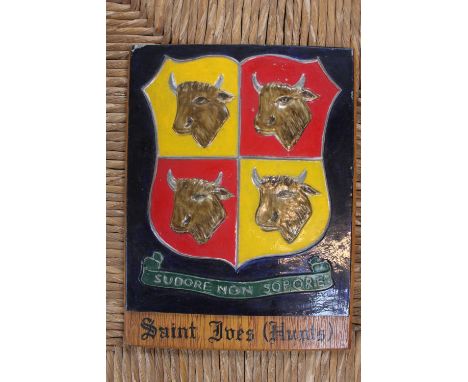 Local Interest; St Ives Hunts Metal plaque hand painted mounted on wooden panel 'Sudore Non Sopore' CAT CHANGE