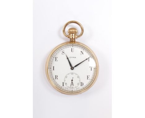 Edwardian 9ct Gold Cyma open faced pocket watch with dedication to interior 'Presented to Percy F Bruce Leyton Depot for Sale