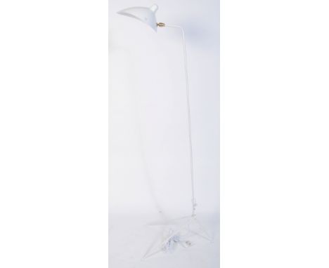 A large floorstanding anglepoise lamp in the manner of Serge Mouille raised on splayed tubular leg base and pole upright in o