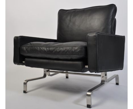 After Poul Kjaerholm for E Kold Christensen, Denmark. A stunning rare shaped PK31 black leather and polished steel armchair. 