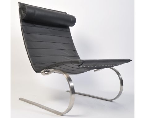 After Poul Kjaerholm, a stunning black leather and polished steel PK20 armchair / chair. Raised on stunning cantilever heavy 