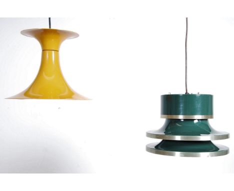 A retro 1970's mustard yellow metal space age ceiling light of unusual form together with another mid century ceiling lamp in