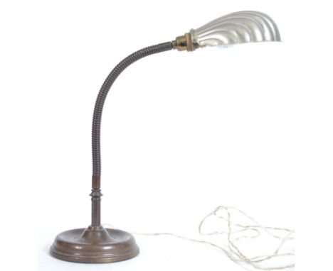An early 20th century gooseneck anglepoise oyster shell pendant desk lamp / light. Raised on cast iron base with adjustable '