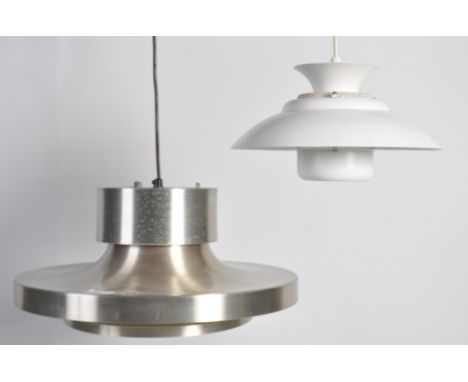 A small 20th century white metal UFO - Space age ceiling light in the manner of Poul Heningsen together with another polished